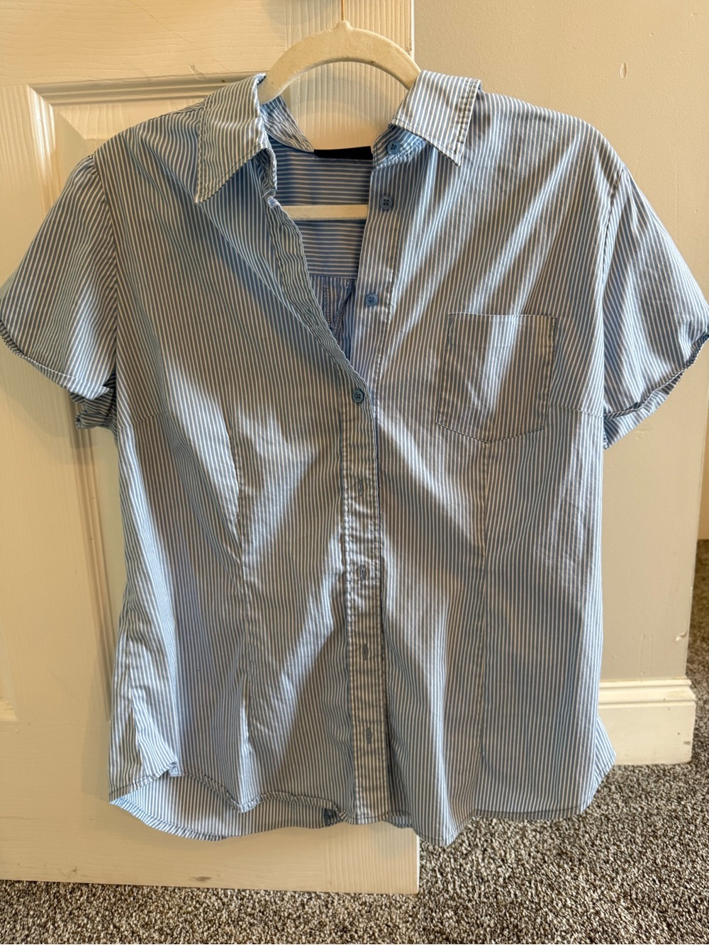 New York & Company Light Blue and White Striped Short-Sleeve Button-Down Shirt